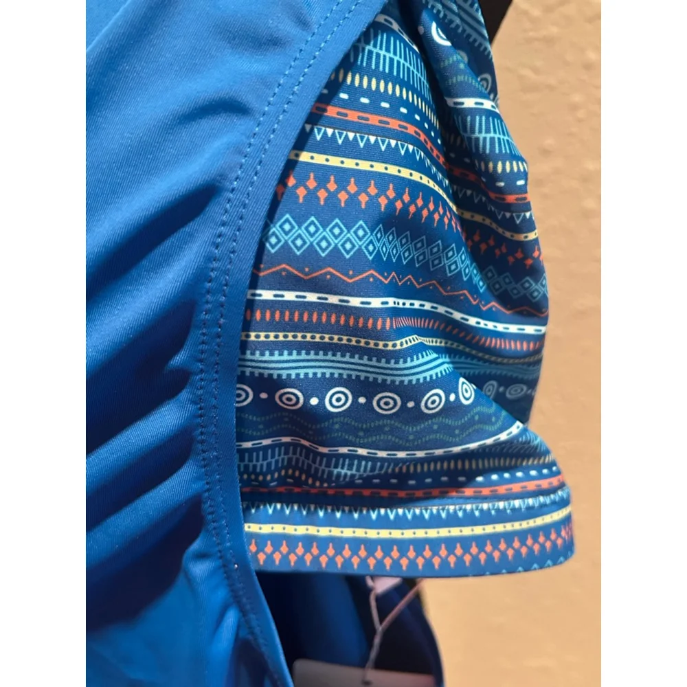 Women's BLOOMCHIC Blue Plus Size 26 tankini swim top with Patterned Sides - Picture 4 of 7